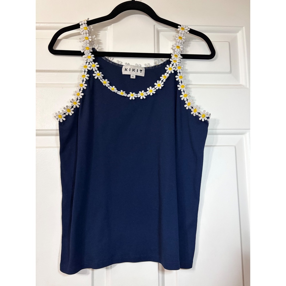 KIKIT | Ribbed Daisy Trim Tank Top | XL || Navy Blue|
